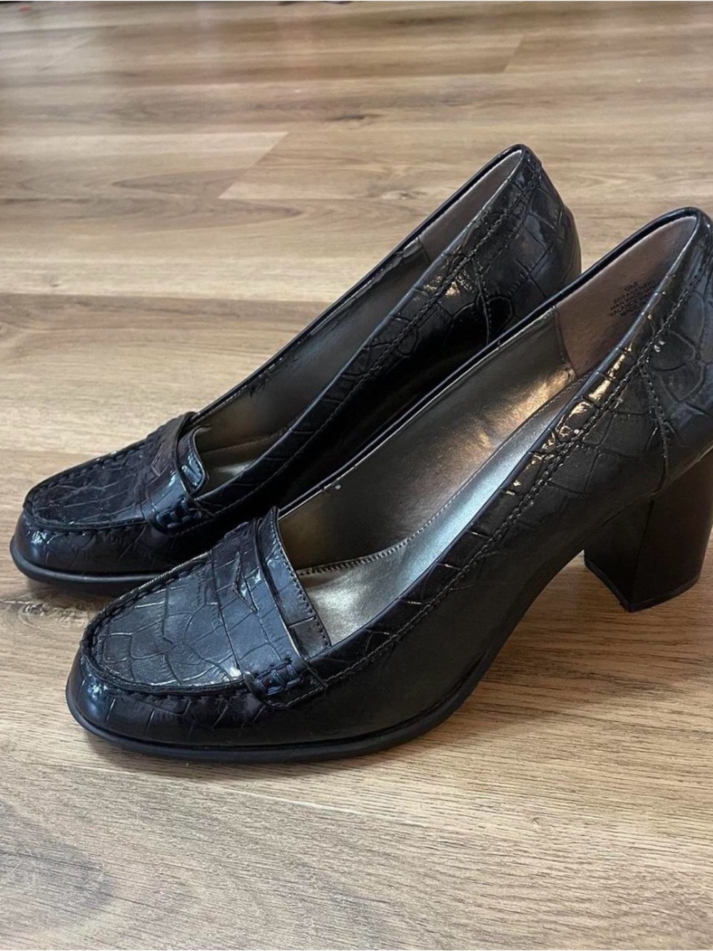 Black Croc-Embossed Block Heel Loafers